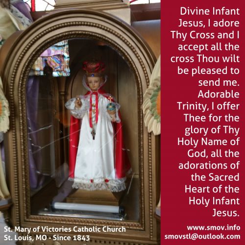 The Infant of Prague statue at Saint Mary of Victories with a prayer to the Holy Infant Jesus
