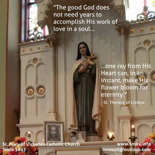 Saint Th&eacute;r&egrave;se of Lisieux statue at Saint Mary of Victories with a reflection on doing God&rsquo;s work in love